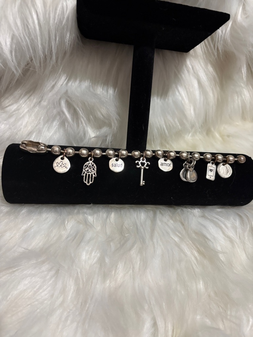 Silver Charm Beaded Bracelet with Hamsa, Key & 'Amor' Charms